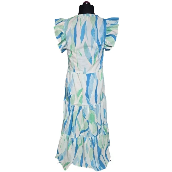 Blue & Green Flutter Sleeve Maxi Dress 100% Cotton Size S Coastal Cottagecore - Picture 3 of 11